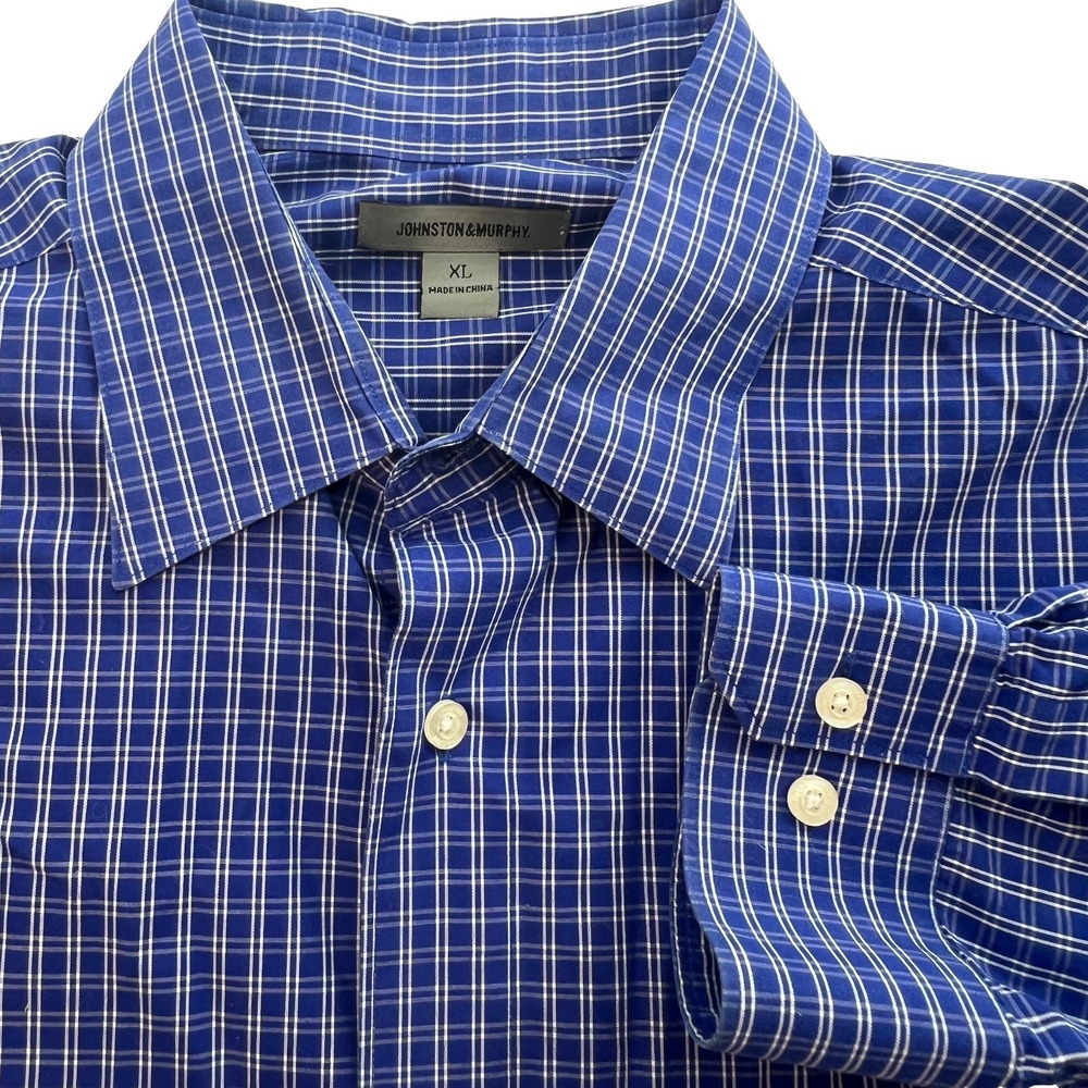 Johnston & Murphy Men's Shirt Size XL Blue White Plaid Checks Long Sleeves J&M